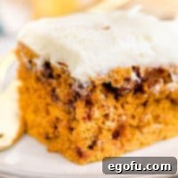 Close up square image of Pumpkin Chocolate Chip Cake frosted on white plate.