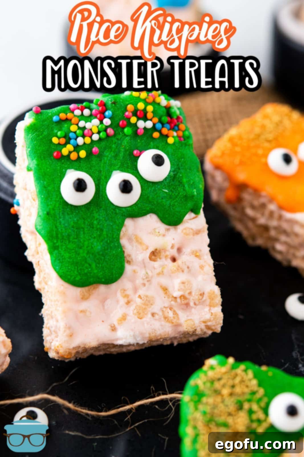 Creepy Crispy Critters 3 Pinterest image close up of one of the Halloween Rice Krispies Monsters.