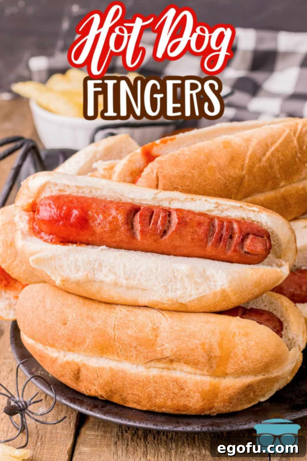 Pinterest image of stacked Halloween Hot Dog Fingers.