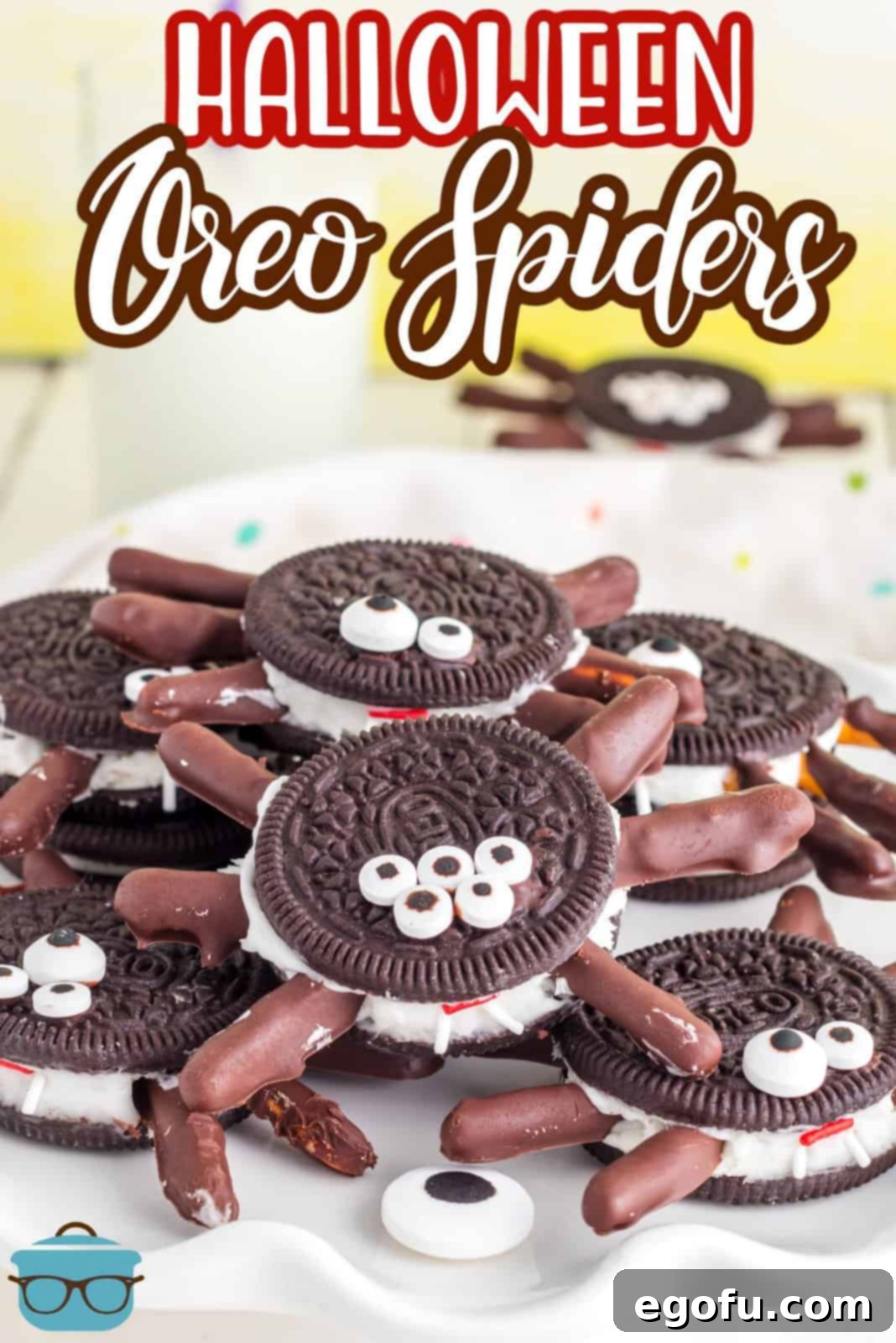 Spooktacular Oreo Spiders 3 Pinterest image of stacked Halloween Oreo Spiders on plate.