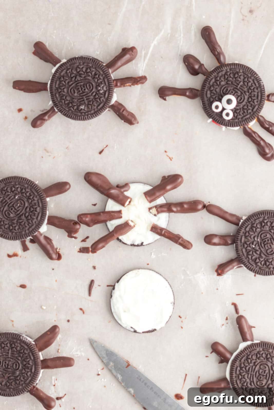 Spooktacular Oreo Spiders 9 Pretzels pressed into the cream of the Oreo.