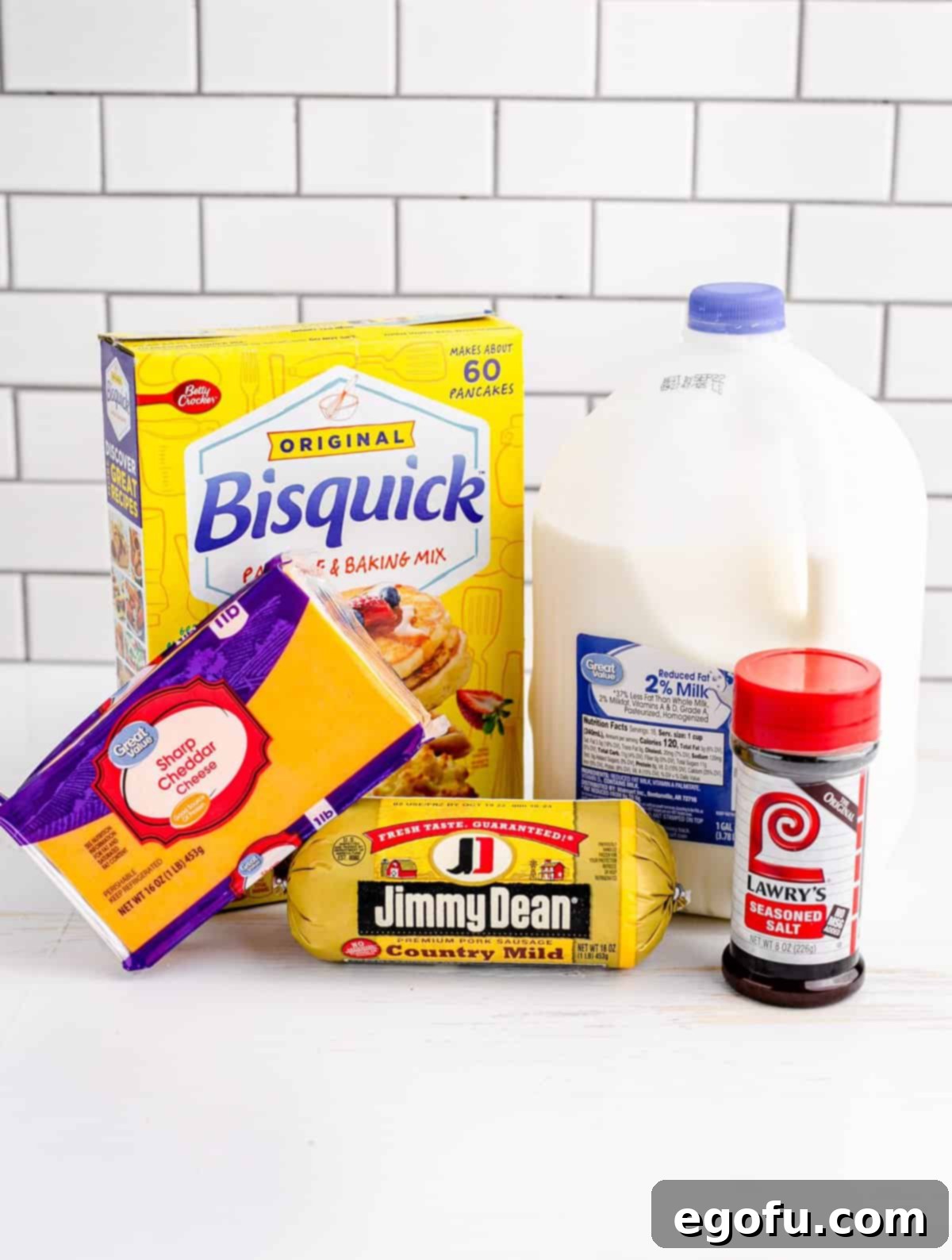 Ingredients needed: breakfast sausage, whole milk, seasoning salt, sharp cheddar cheese and bisquick.