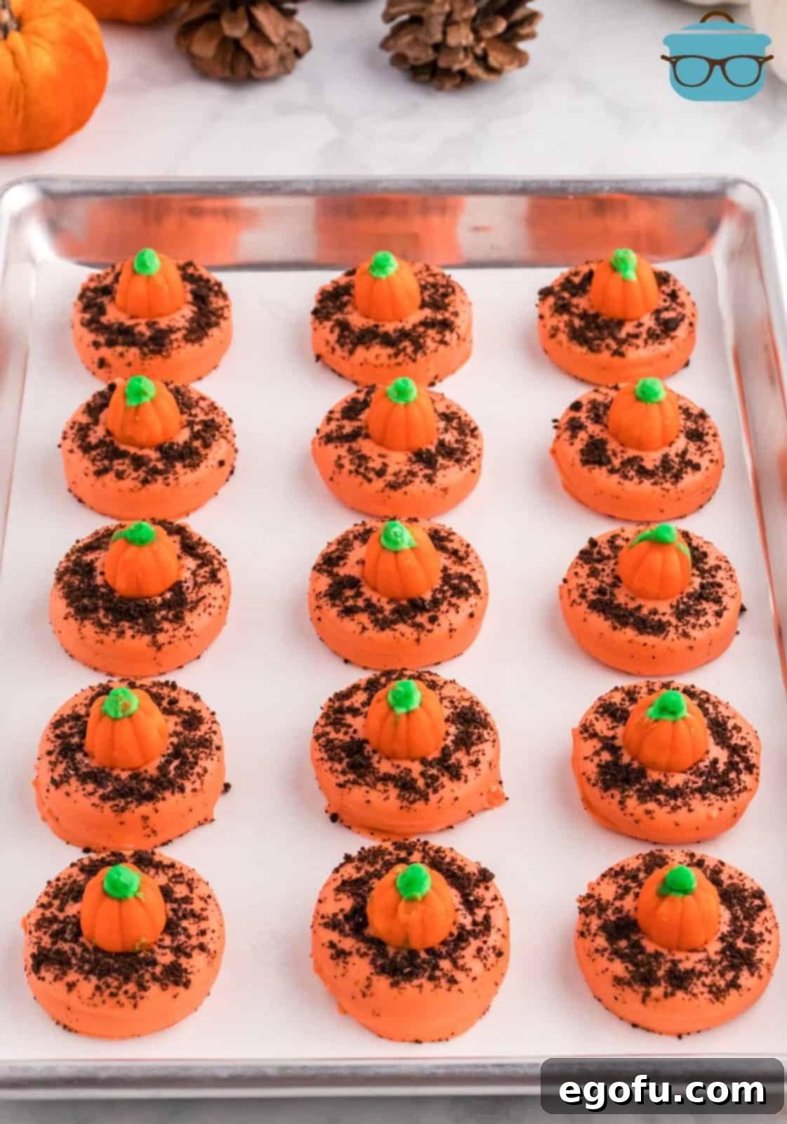 Spiced Pumpkin Patch Cookies 11 Finished Pumpkin Patch Cookies neatly lined up on parchment paper on a sheet tray, ready to be chilled and served.