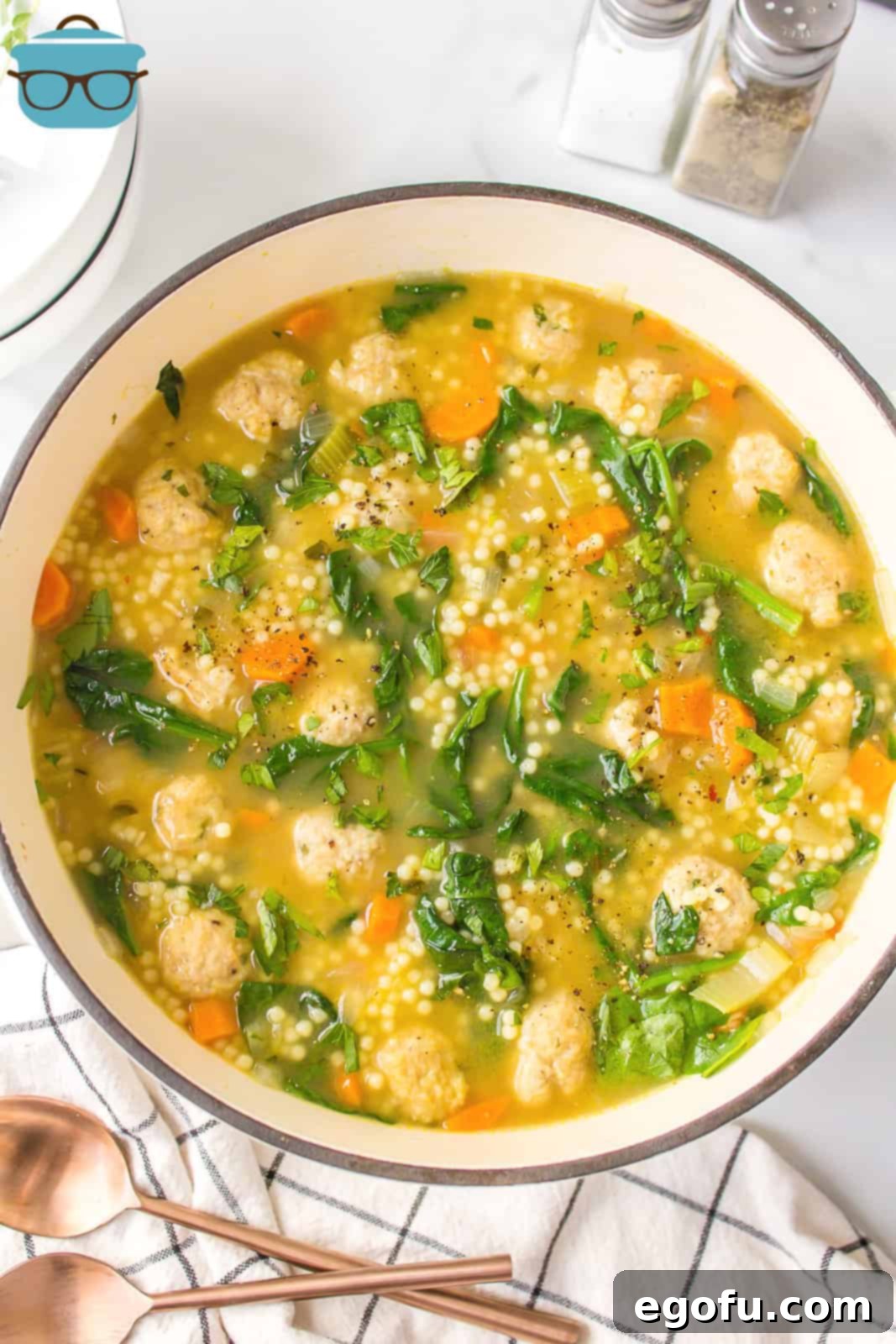Italian Celebration Soup 11 Overhead of finished Italian Wedding Soup in dutch oven.