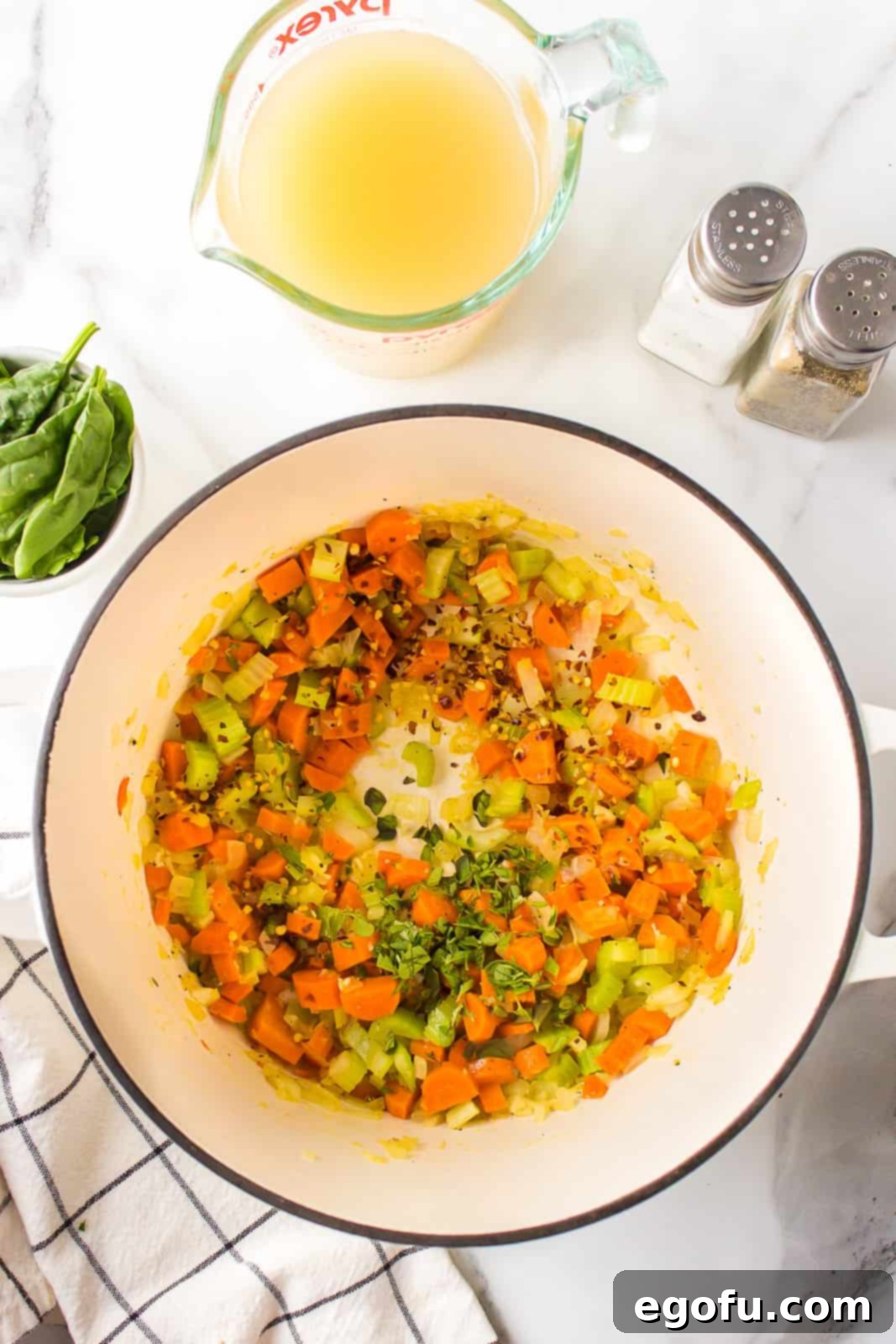 Italian Celebration Soup 9 Sautéed vegetables with salt, pepper, oregano and red pepper flakes added.