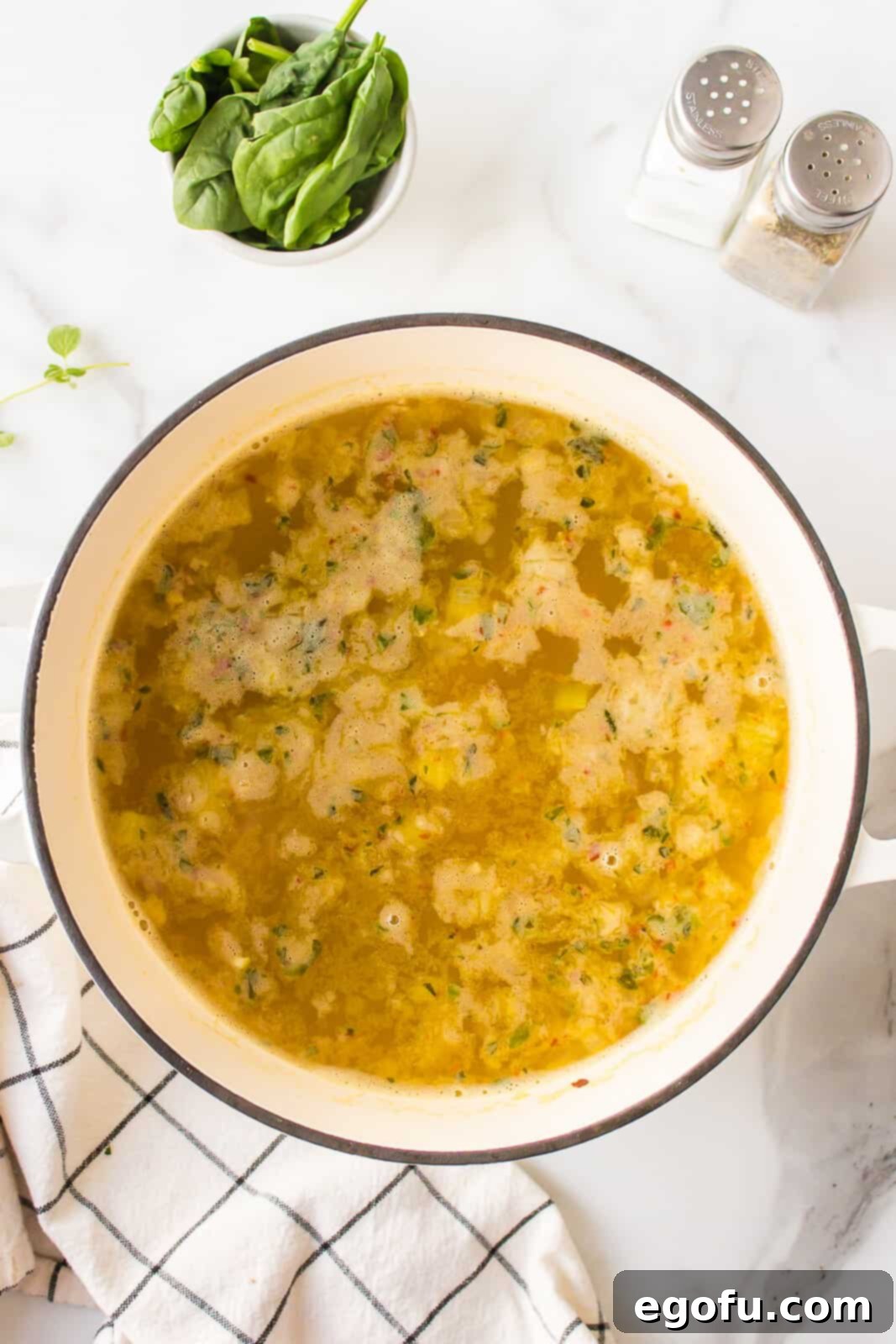 Italian Celebration Soup 10 Chicken broth and pasta added to dutch oven.