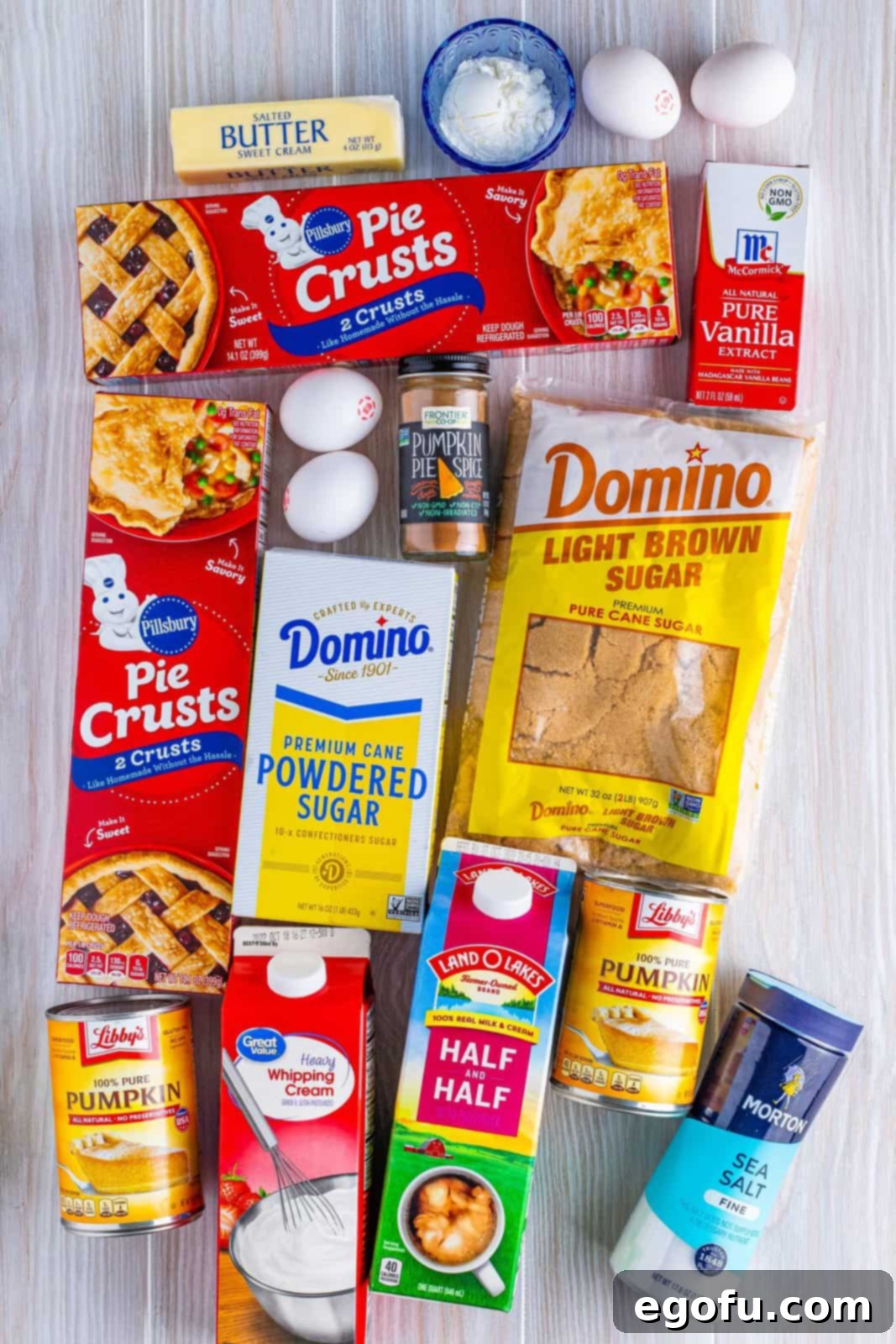 Ingredients needed: pure pumpkin puree, light brown sugar, heavy cream, half & half, eggs, cornstarch, vanilla extract, pumpkin pie spice, salt, refrigerator pie crusts, salted butter and powdered sugar.