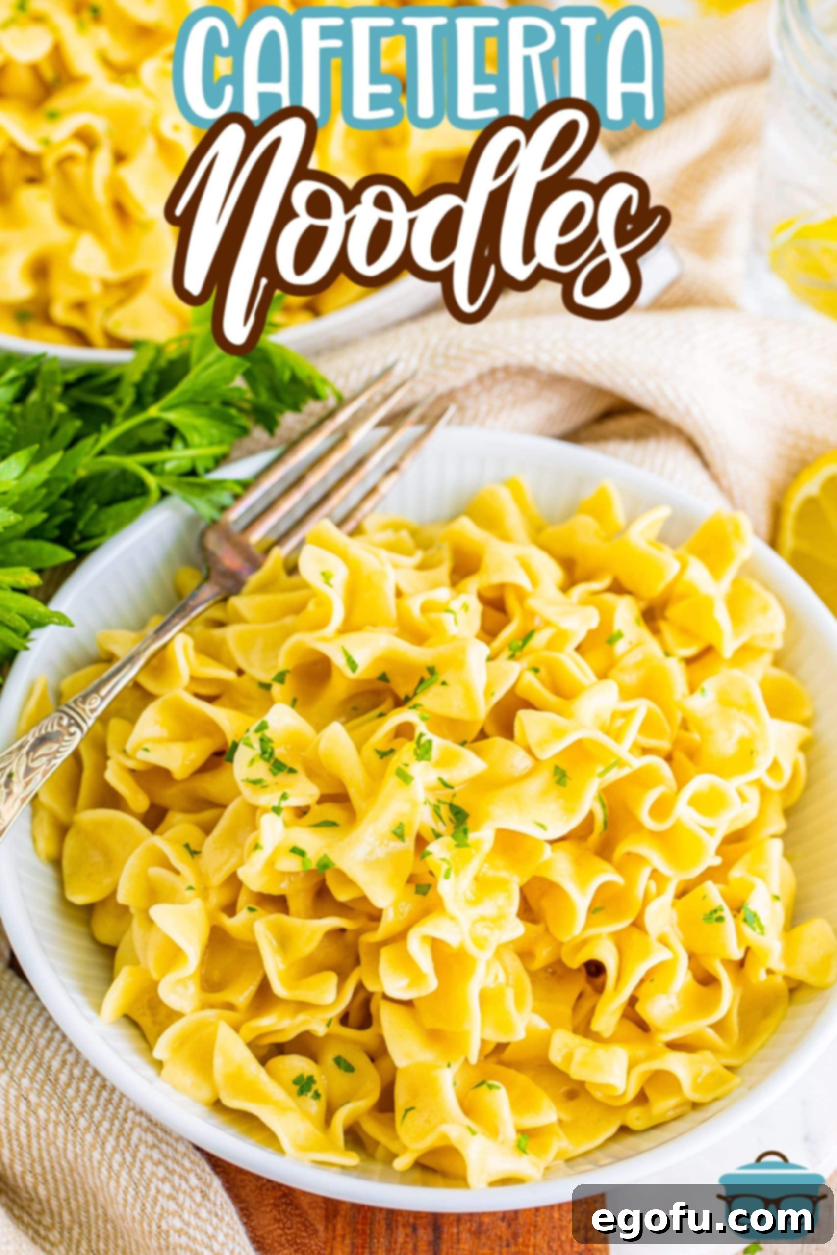 Campus Noodle Comfort 3 Looking down on a generous serving of Cafeteria Noodles garnished with fresh parsley.