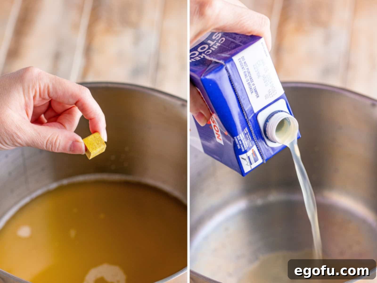 Campus Noodle Comfort 5 Chicken bouillon cube being dropped into a pot with chicken stock, and another image of chicken stock boiling in a pot.
