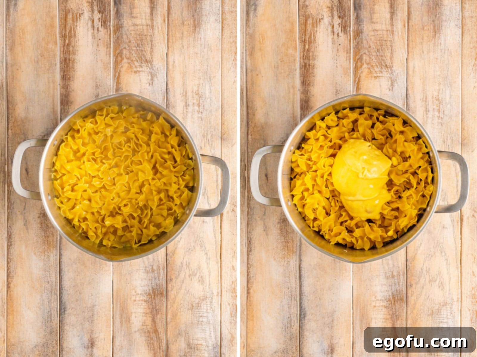 Campus Noodle Comfort 6 Egg noodles cooking in stock in a pot, and another image of egg noodles with cream of chicken soup added.