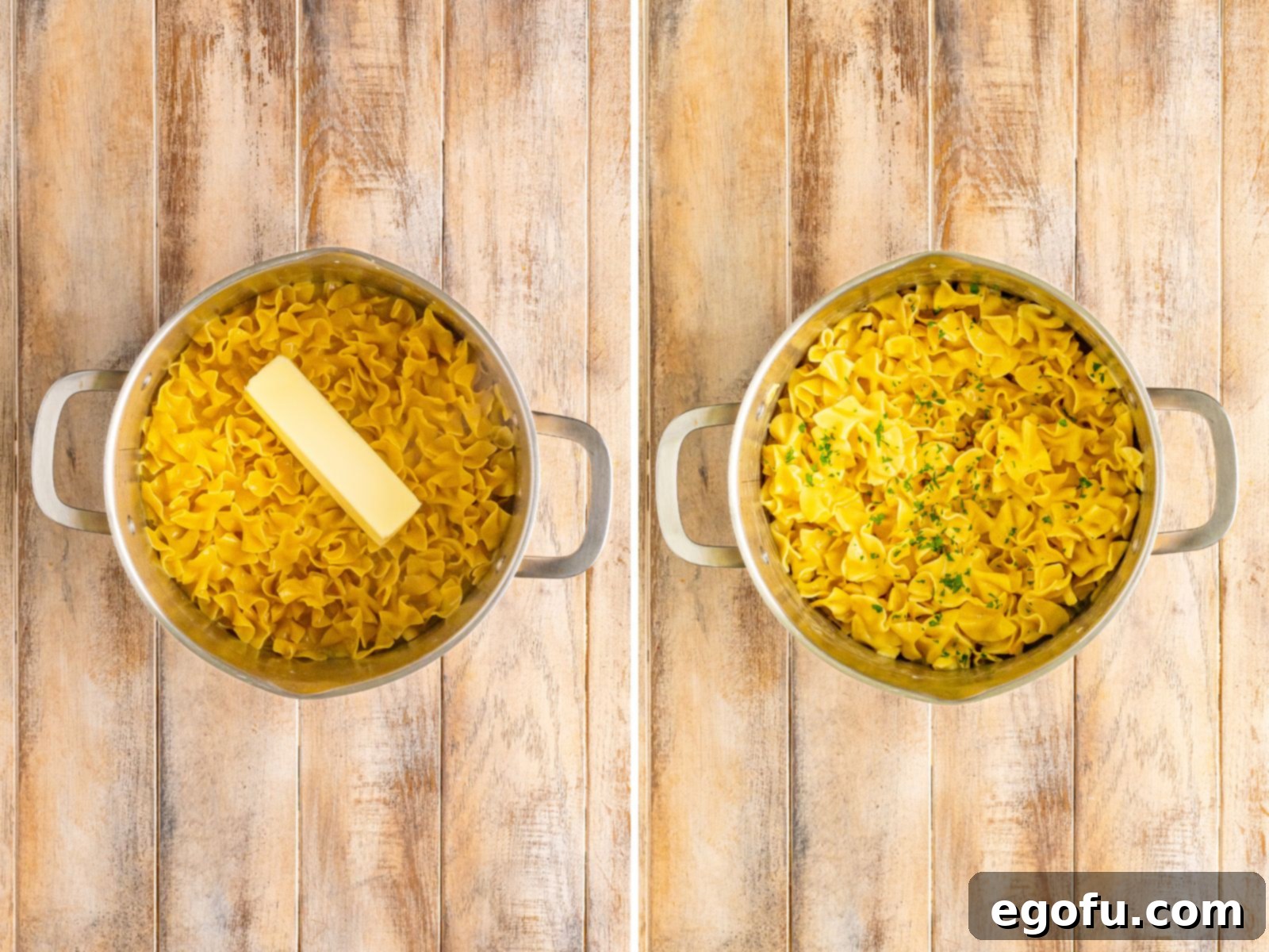 Campus Noodle Comfort 7 A stick of butter sitting on egg noodles in a pot, and a pot with egg noodles, melted butter sauce and parsley.