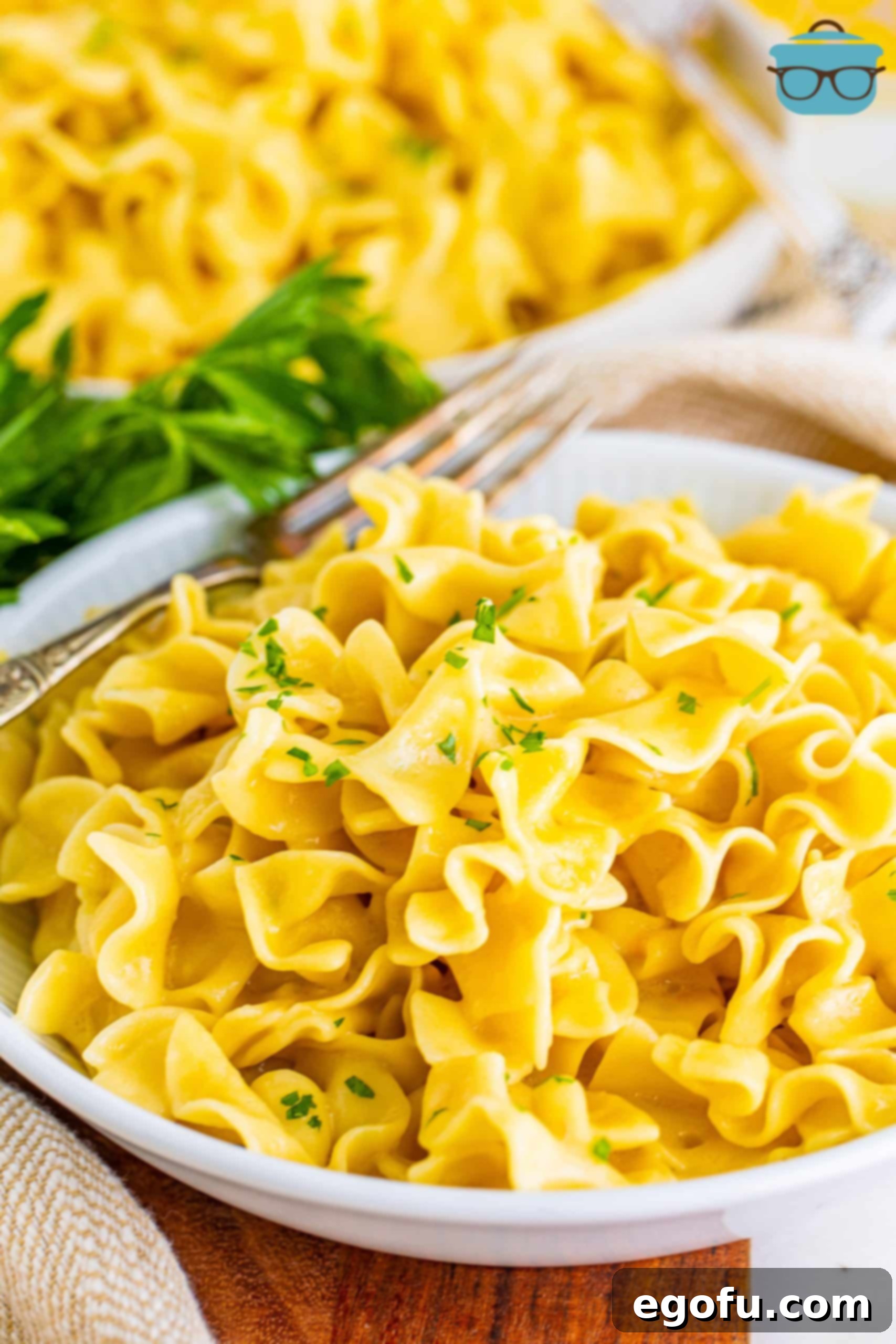 Campus Noodle Comfort 8 A large serving plate overflowing with hot, creamy Cafeteria Noodles.