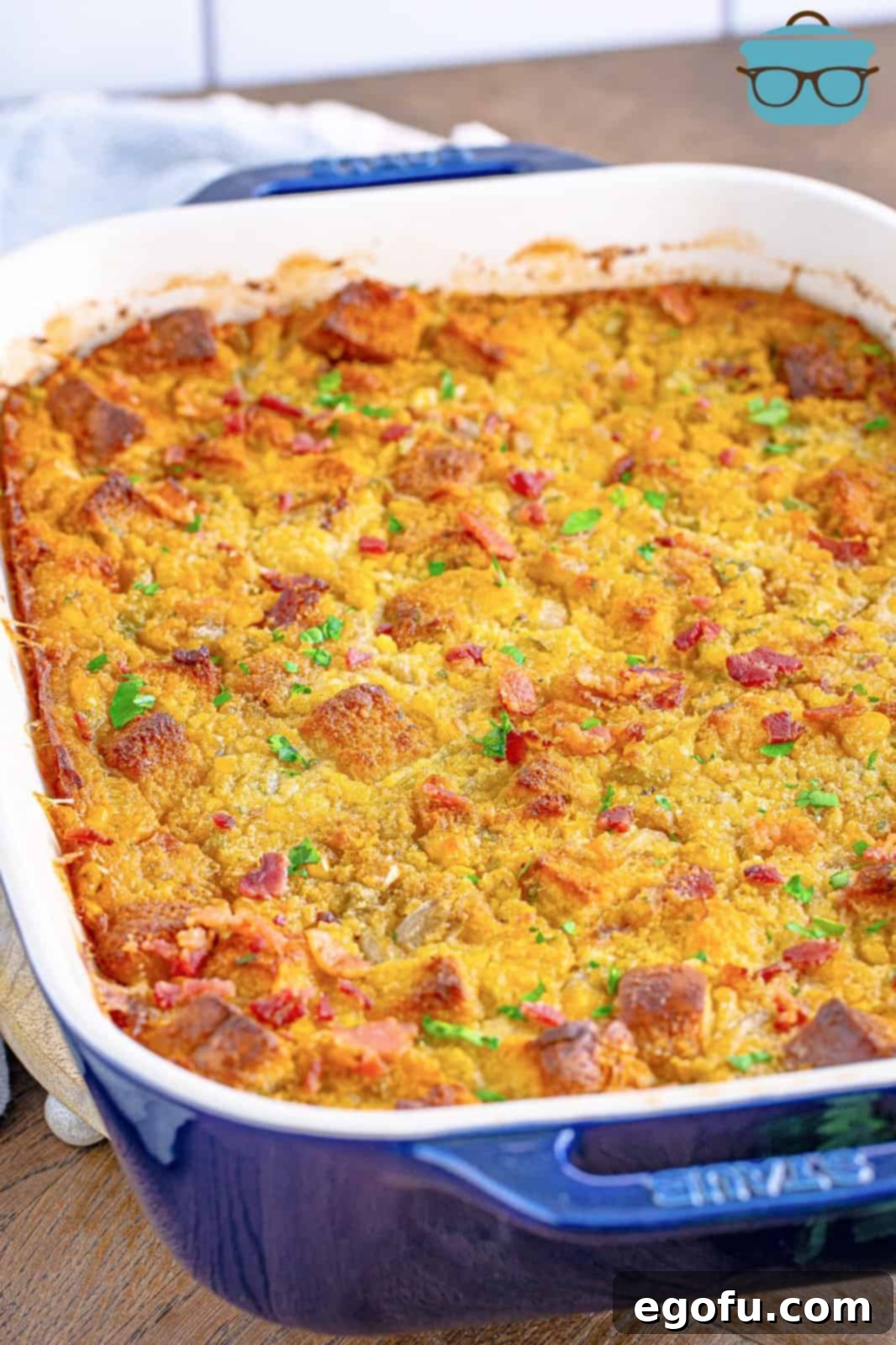 Finished Southern Cornbread Dressing in baking pan.