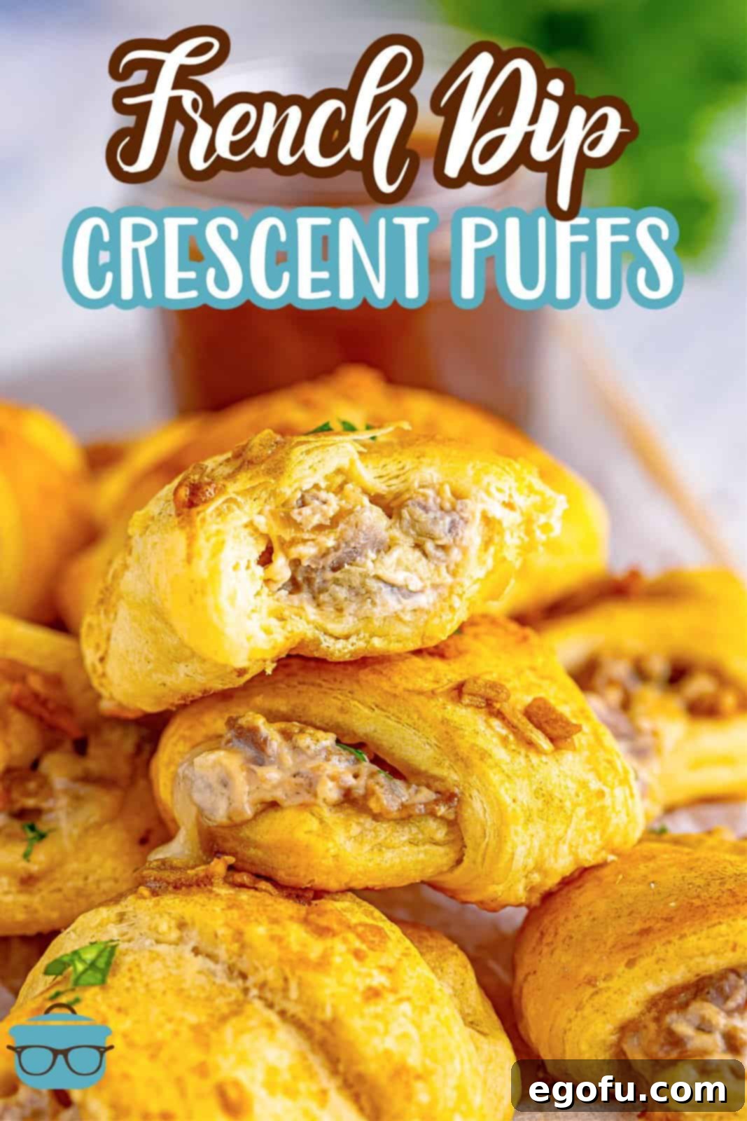 Close up of stacked French Dip Crescent Puffs showing filling, Pinterest image.