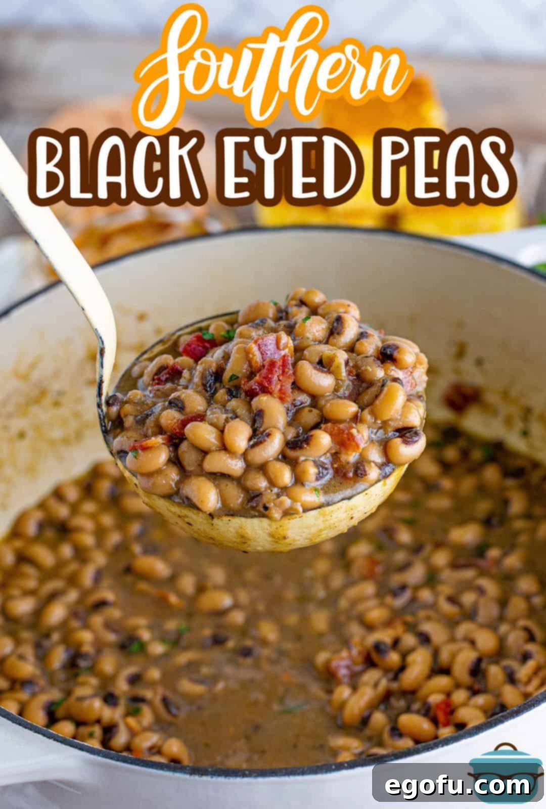Down South Black Eyed Peas 3 Pinterest image of ladle holding up some of the Southern Black Eyed Peas.