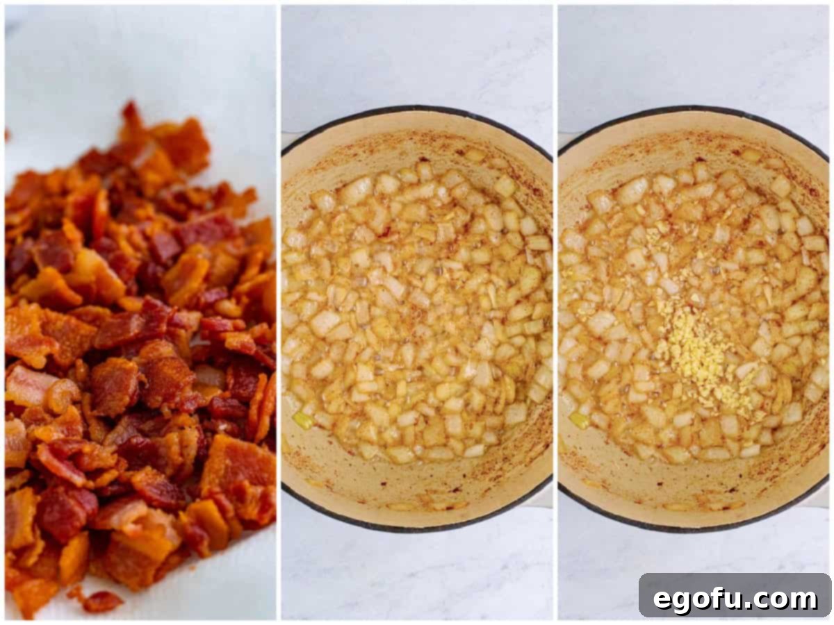 Down South Black Eyed Peas 5 a collage of three photos: cooked and crumbled bacon on paper towel, cooked diced onion in a dutch oven, garlic added to cooked onion in pot.