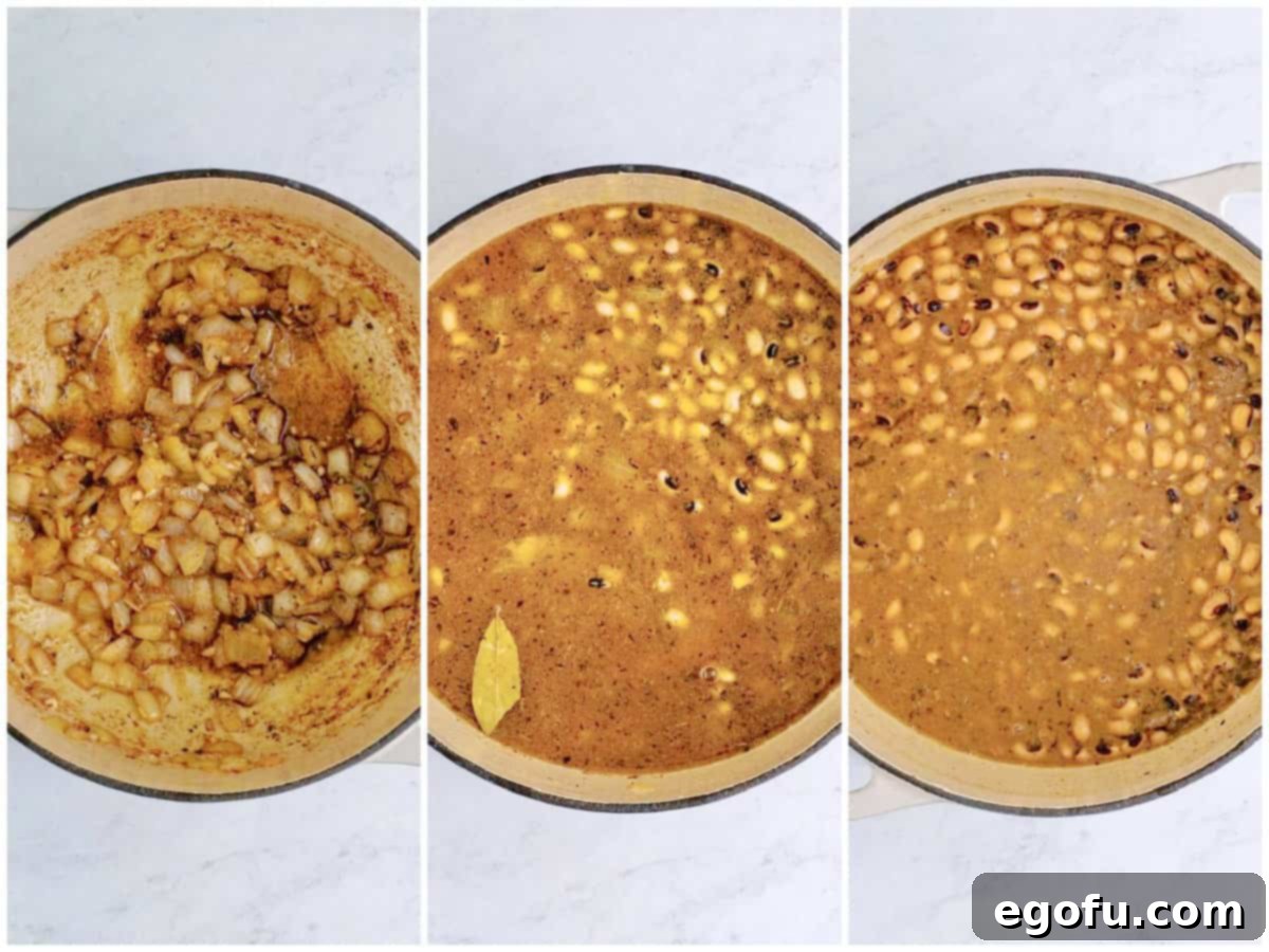 Down South Black Eyed Peas 6 a collage of three photos: fully cooked onion and garlic in pot, chicken stock, blackened peas and seasonings added to pot, black eyed peas simmering away in the pot.