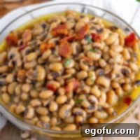 Down South Black Eyed Peas 9 Close up square image of Southern Black Eyed Peas in bowl.