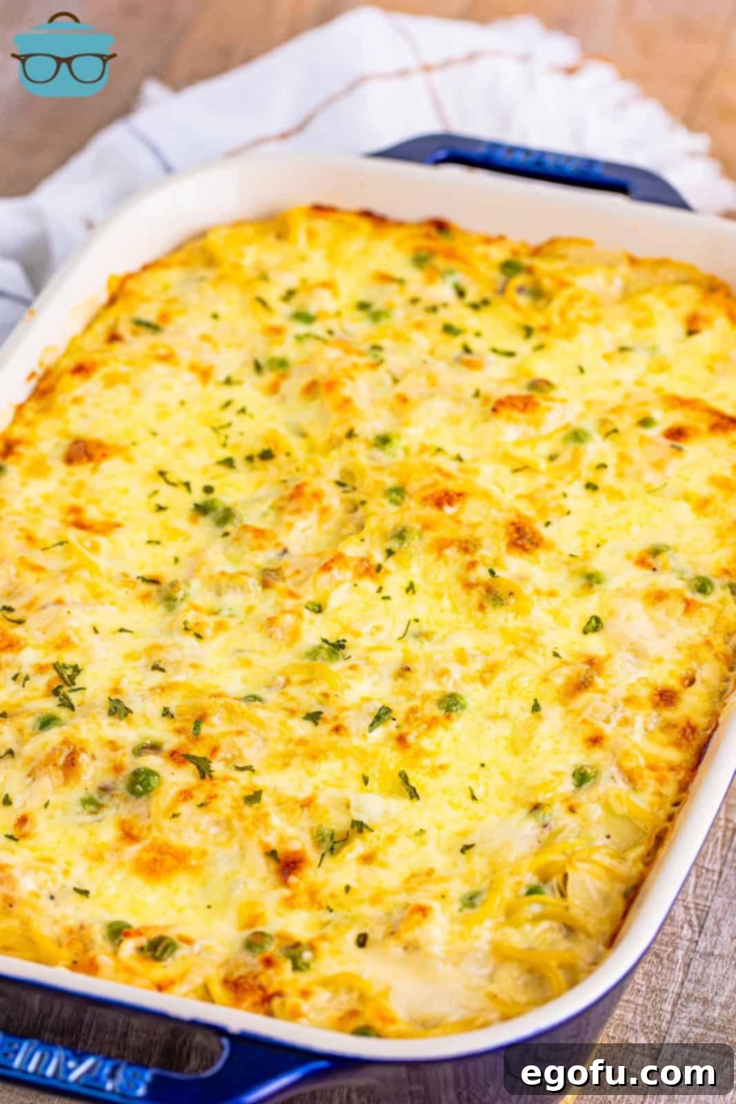 Finished Easy Chicken Tetrazzini in baking dish.