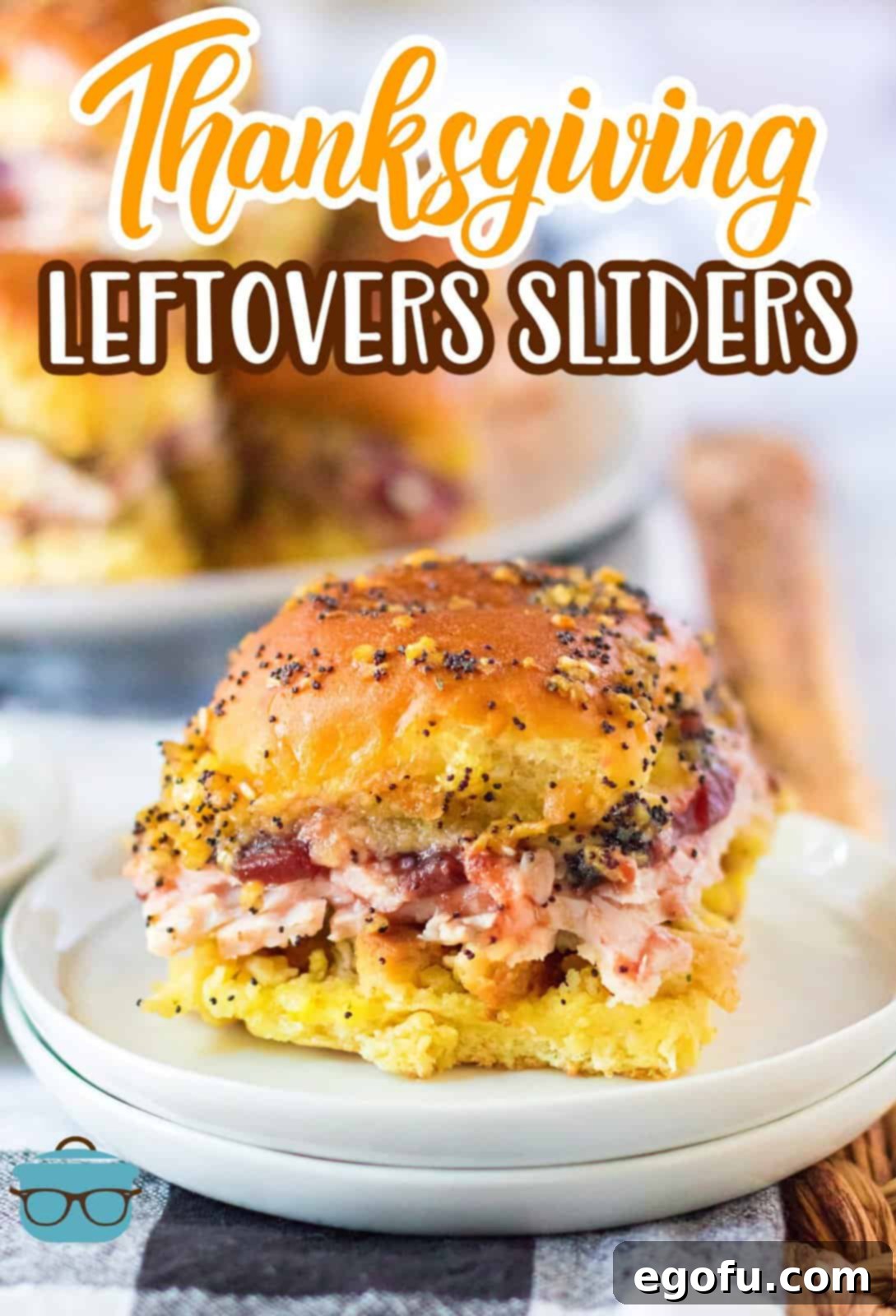Pinterest image of one of the Thanksgiving Leftovers Turkey Sliders on plate showing the layers and glaze.