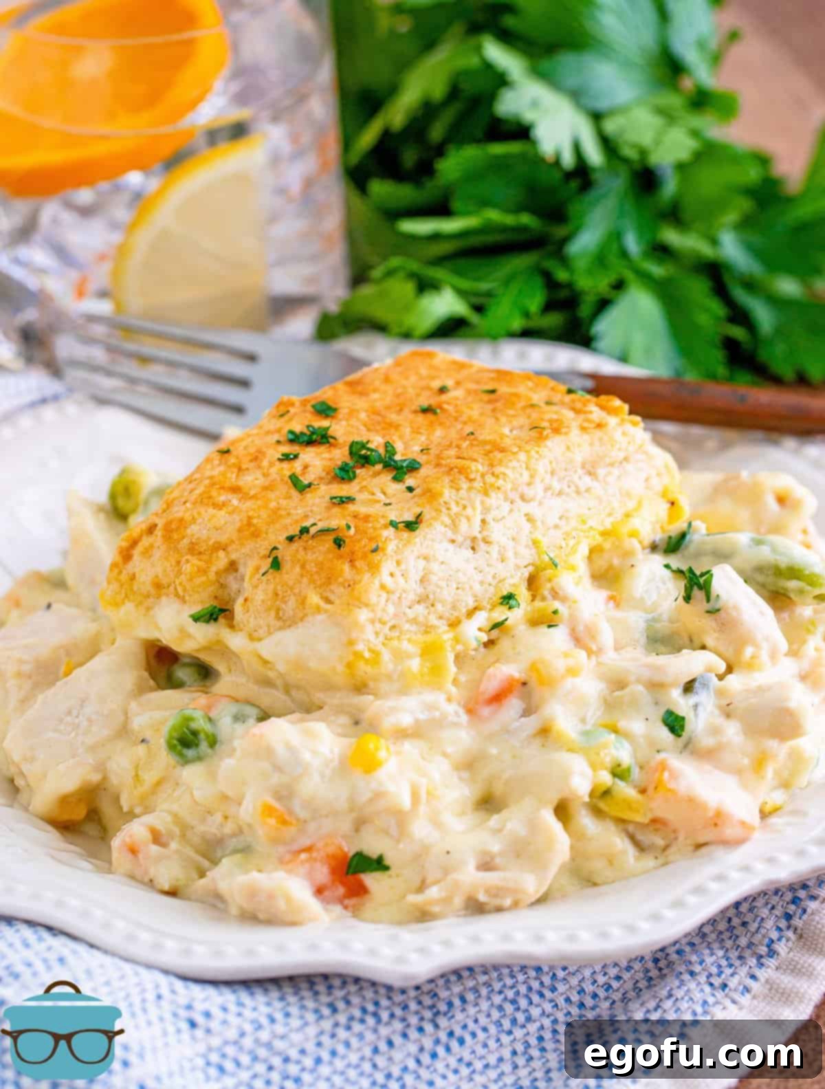 Hearty Turkey Pot Pie Delight 2 Turkey Pot Pie Casserole on white plate topped with parsley.