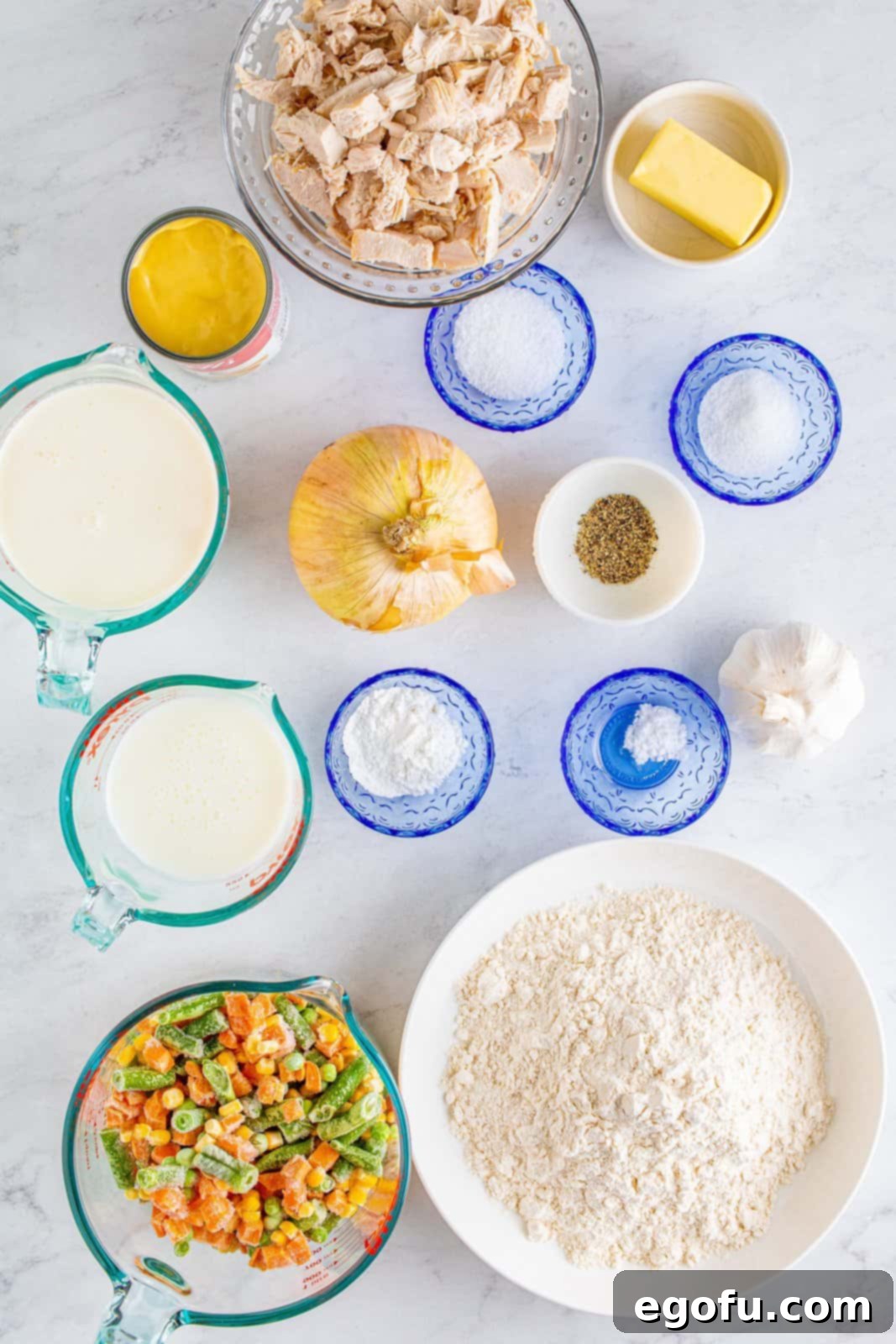 Hearty Turkey Pot Pie Delight 4 Ingredients needed: unsalted butter, onion, garlic, frozen mixed veggies, half and half, cream of chicken soup, cooked turkey, pepper, salt, parsley for garnish, optional, all-purpose flour, baking powder, granulated sugar, baking soda and buttermilk.