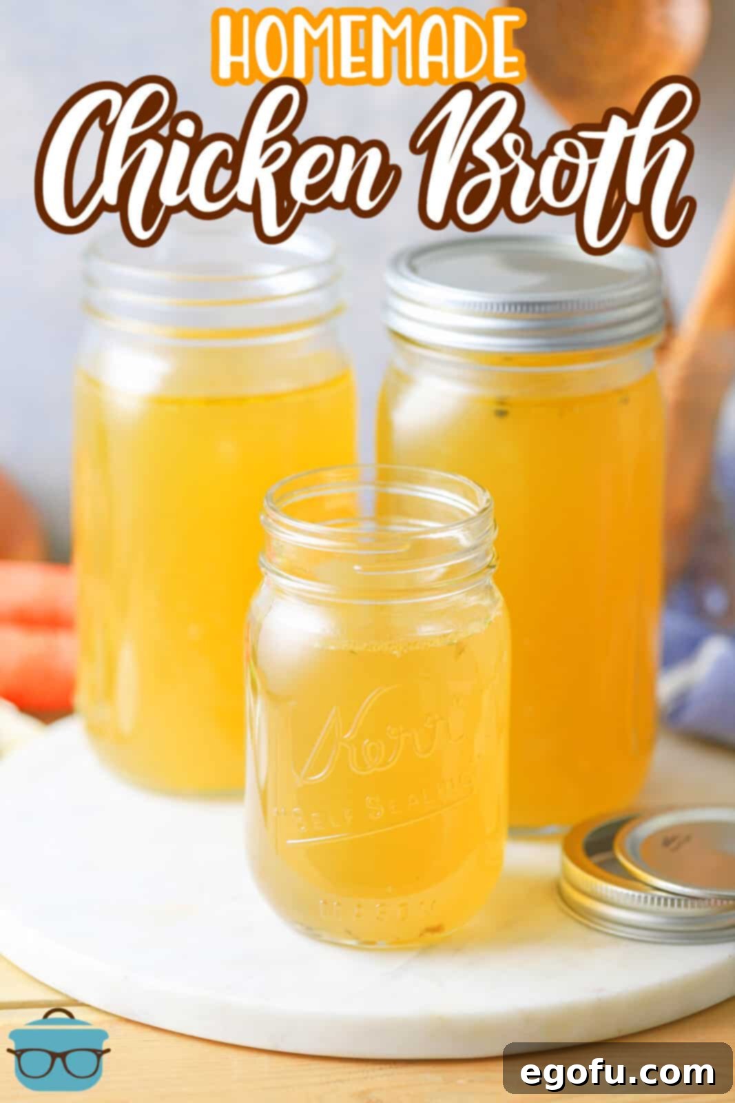 Pinterest image of Homemade Chicken Broth in different sized mason jars 2 with lids off.