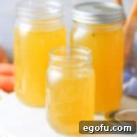 Close up square image of Homemade Chicken Stock in mason jars.