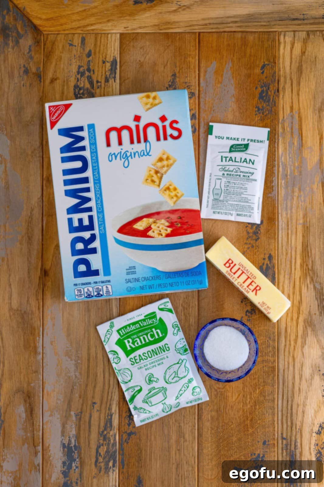 Ingredients needed: unsalted butter, ranch dressing mix, Italian dressing mix, granulated sugar and mini saltine crackers.