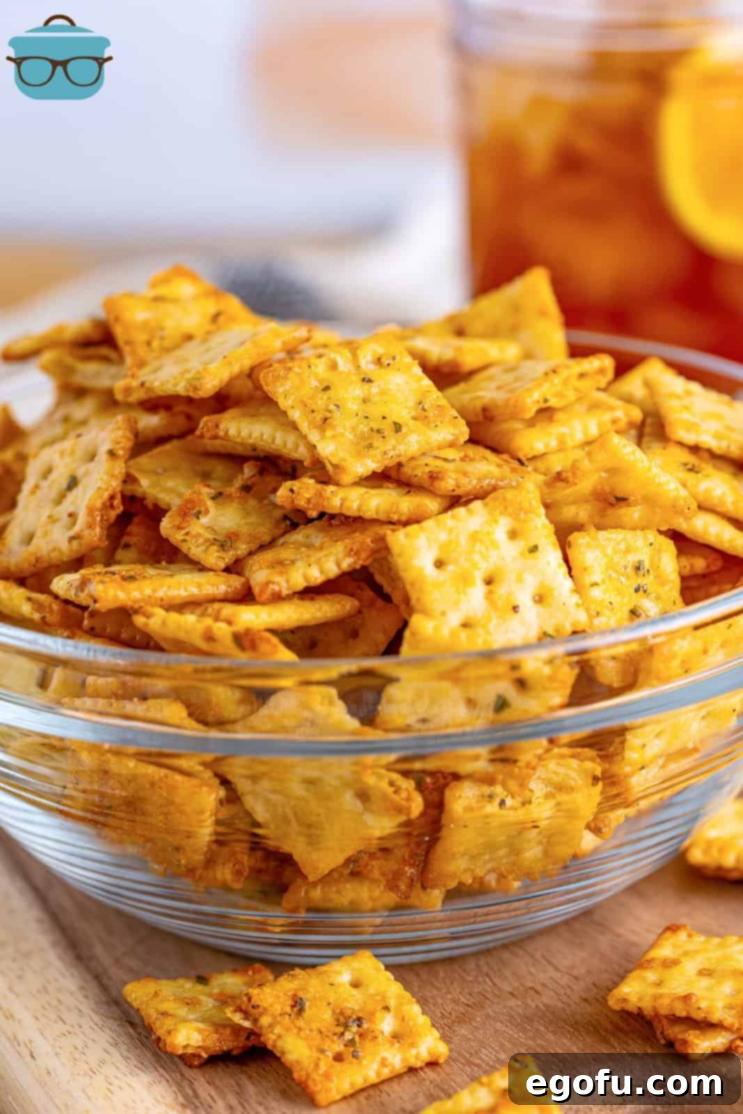 Seasoned Crackers in clear bowl.
