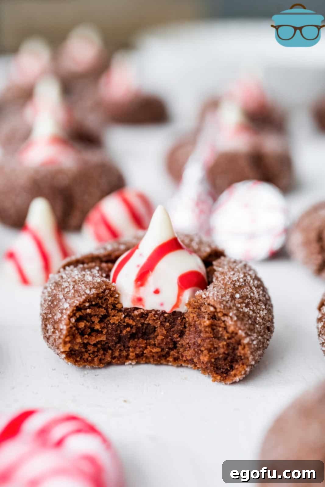 Bite taken out of one of the Chocolate Peppermint Kiss Cookies.