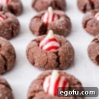 Close up square image of lined up Chocolate Peppermint Kiss Cookies.