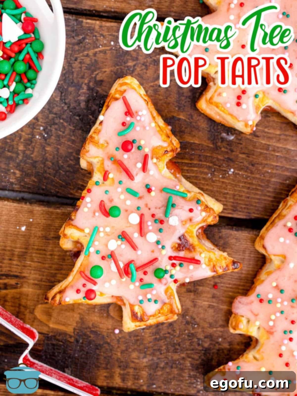 Sparkling Spruce Pop Tarts 3 Overhead view of a single finished Christmas Tree Pop Tart on a baking sheet, showcasing its festive design.
