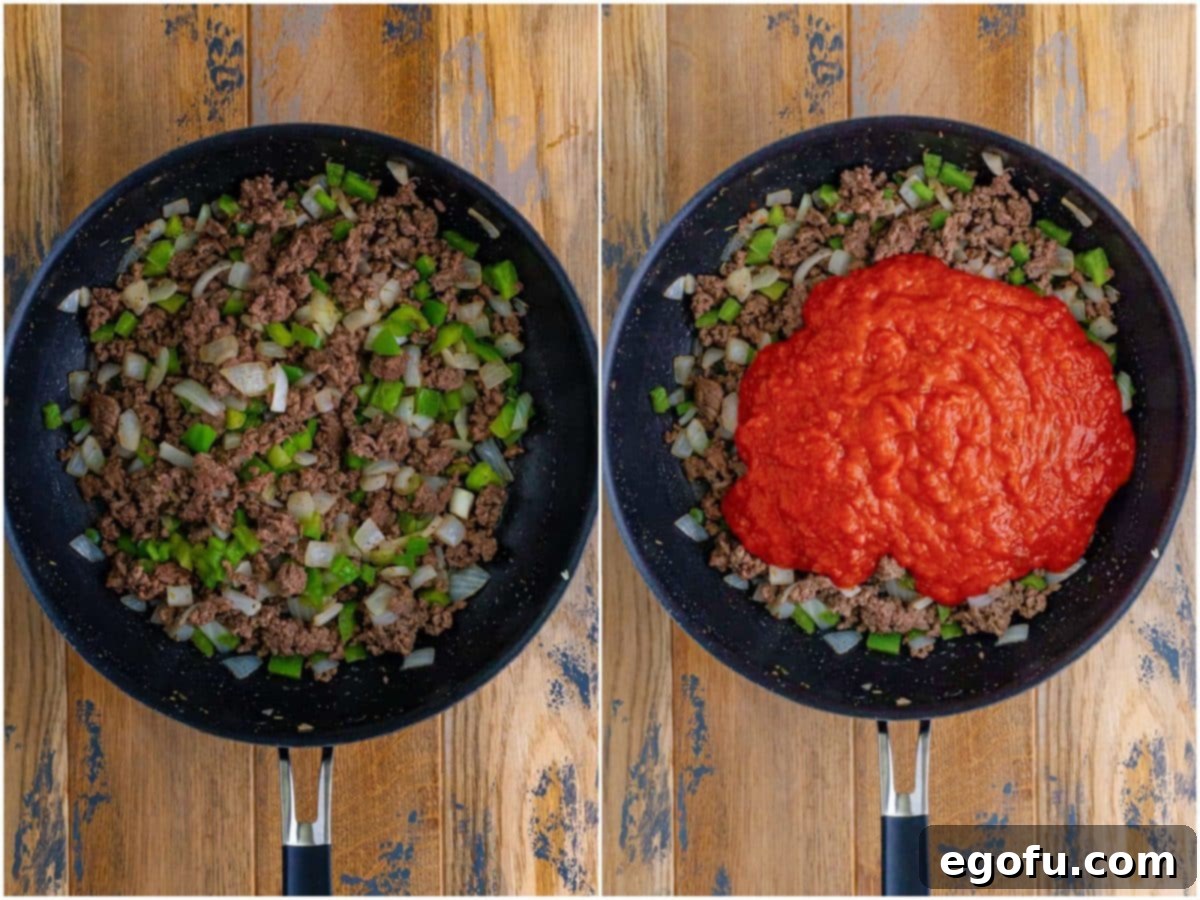 A collage of two process photos: the first shows ground beef, diced peppers, and onion cooking in a skillet, seasoned to perfection; the second captures marinara sauce being stirred into the cooked ground beef, beginning its flavorful simmer.