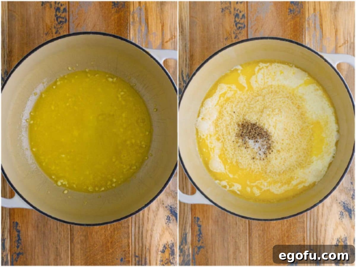A collage of two images illustrating the alfredo sauce preparation: one shows melted butter and minced garlic simmering in a Dutch oven, while the other displays parmesan cheese, heavy cream, and black pepper being added to the fragrant butter mixture, ready to transform into a creamy sauce.