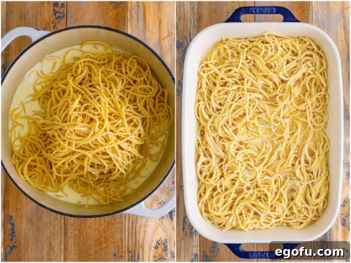 A collage of two steps in assembling the Million Dollar Spaghetti: the first shows cooked spaghetti noodles being incorporated into the creamy alfredo sauce in a Dutch oven; the second captures the alfredo-coated spaghetti mixture being poured and spread into a baking dish.