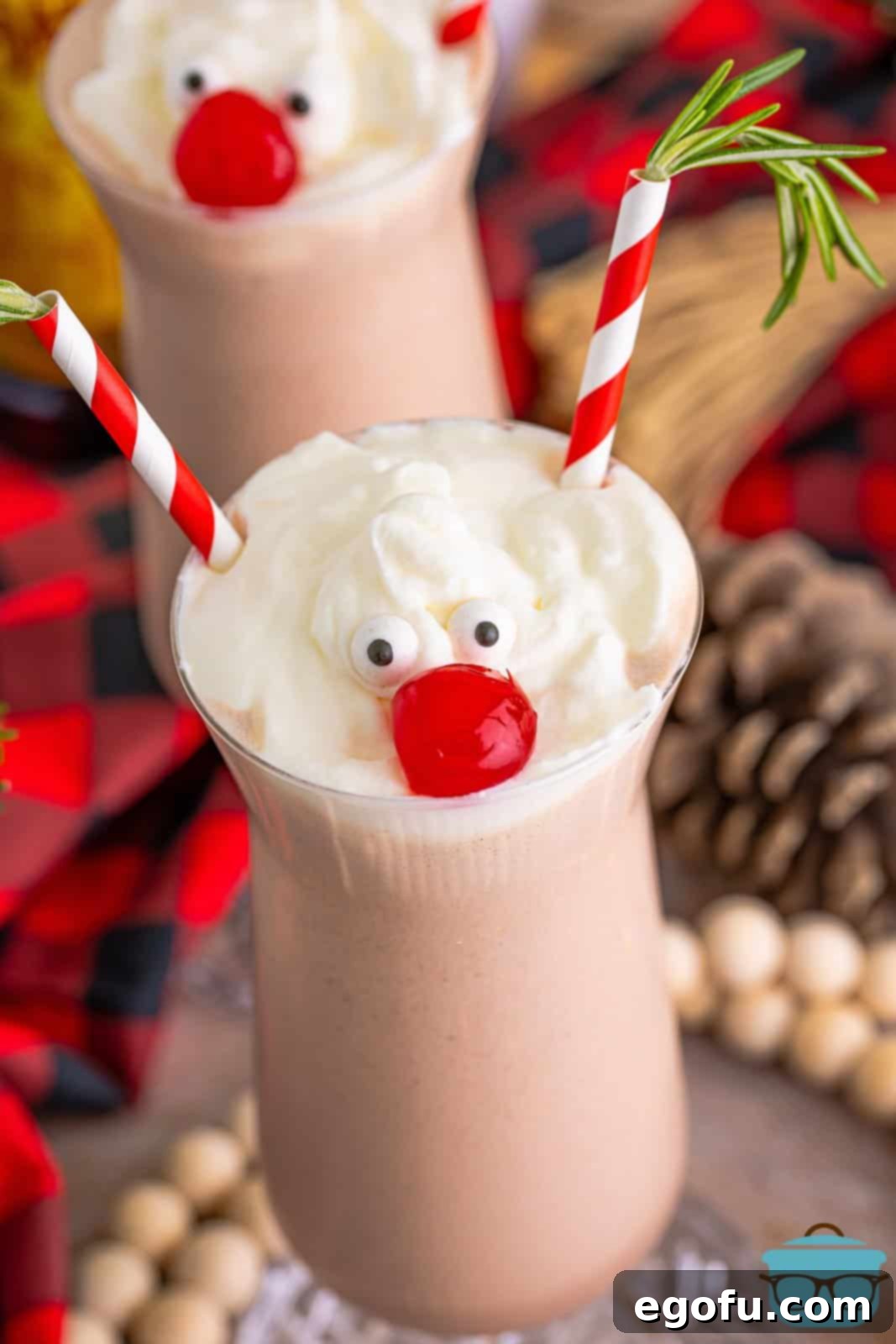 Rudolph on the Rocks 7 A close-up, overhead photo of two tall glasses of Drunken Rudolph milkshakes, complete with all garnishes, presented beautifully for a festive occasion.