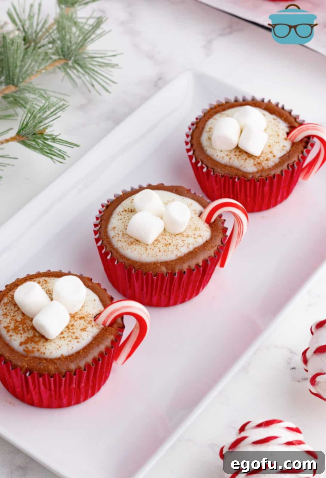 three hot cocoa cheesecake ups in a line on a white long platter. 