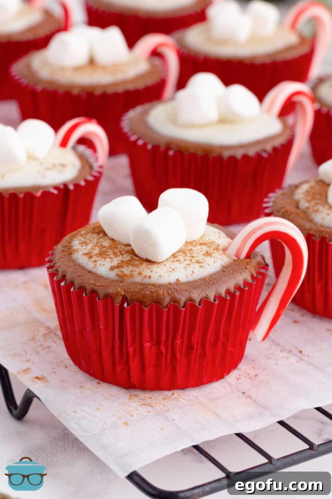 mini candy canes added to the sides of the mini chocolate cheesecakes to look like a cup handle. 