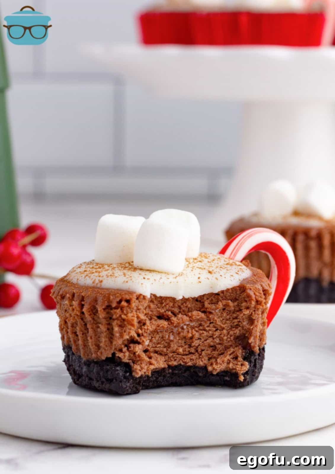 a single hot cocoa cheesecake on a white plate with a bite removed from the cheesecake. 