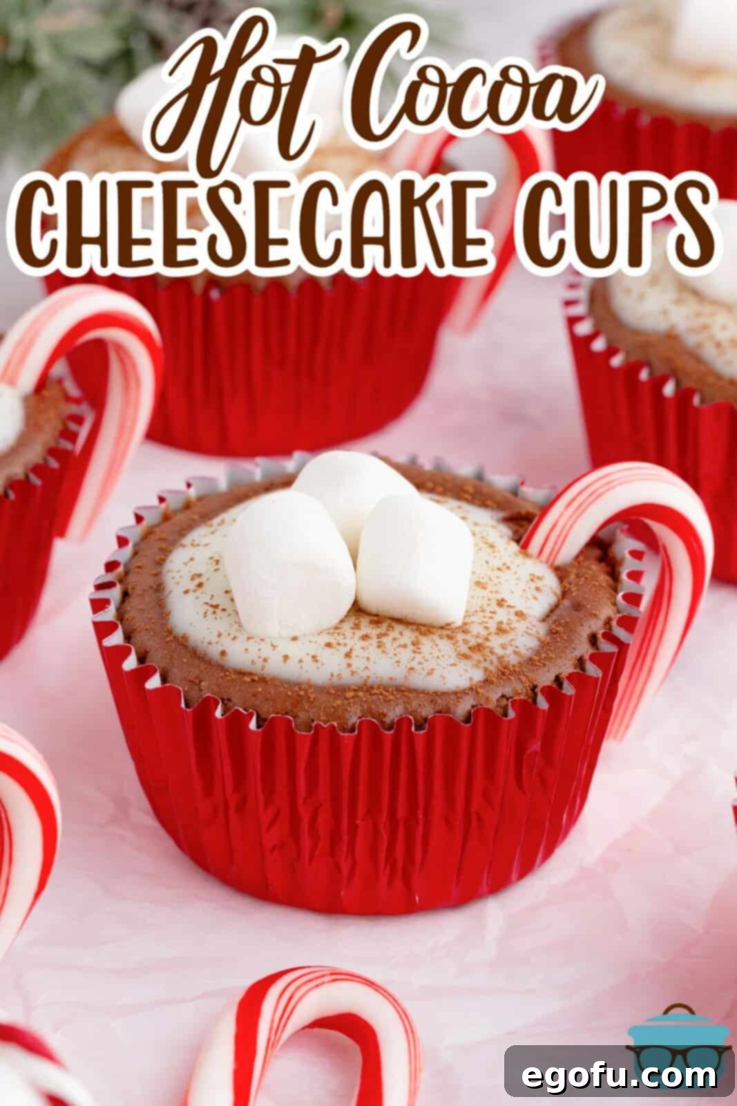 closeup photo of a photo cococa cheesecake cup in a red metallic cupcake liner. 