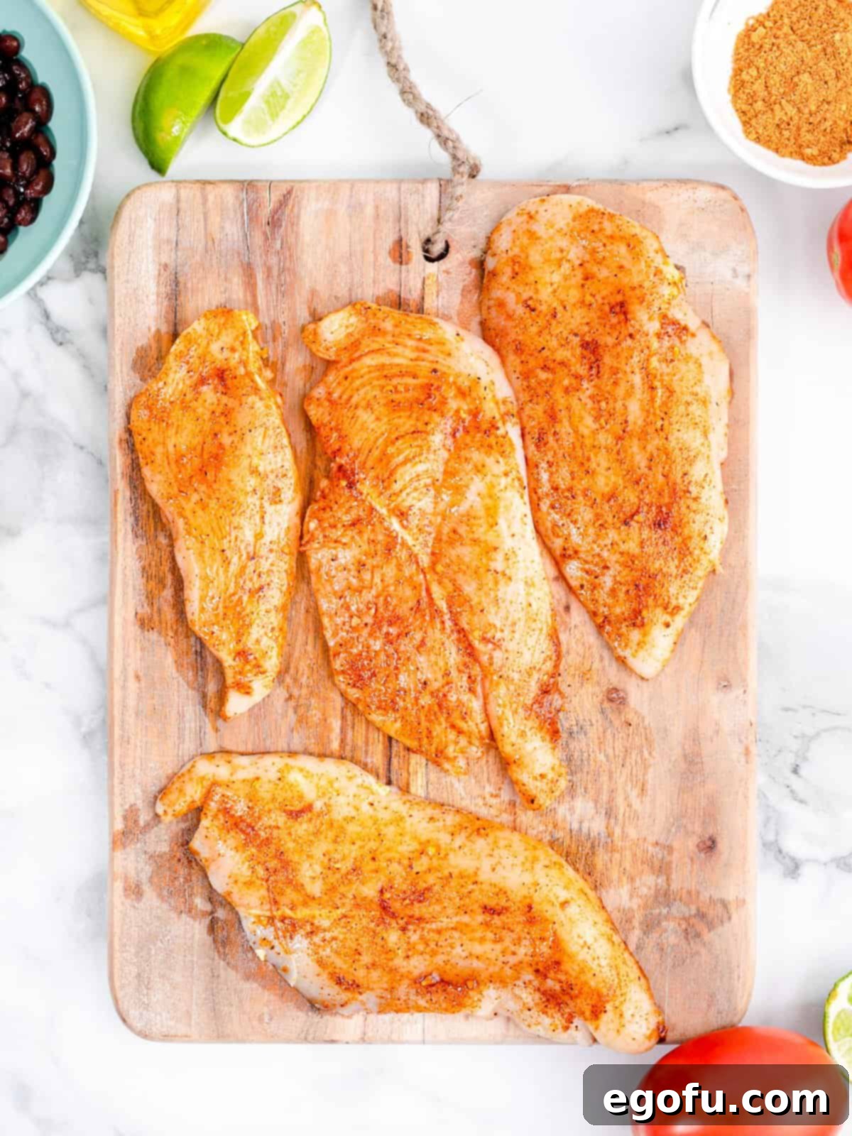 two large chicken breasts sliced in half and seasoned with taco seasoning.