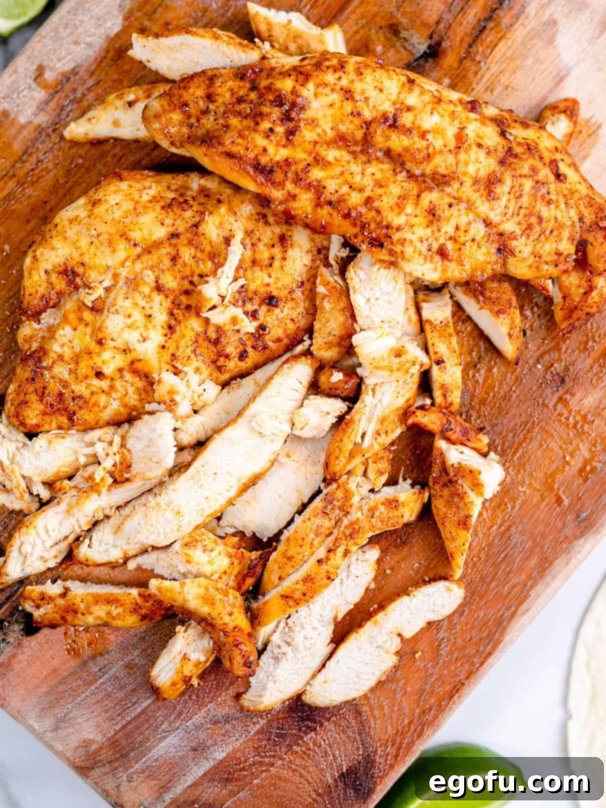 sliced chicken breasts shown on a wooden cutting board.