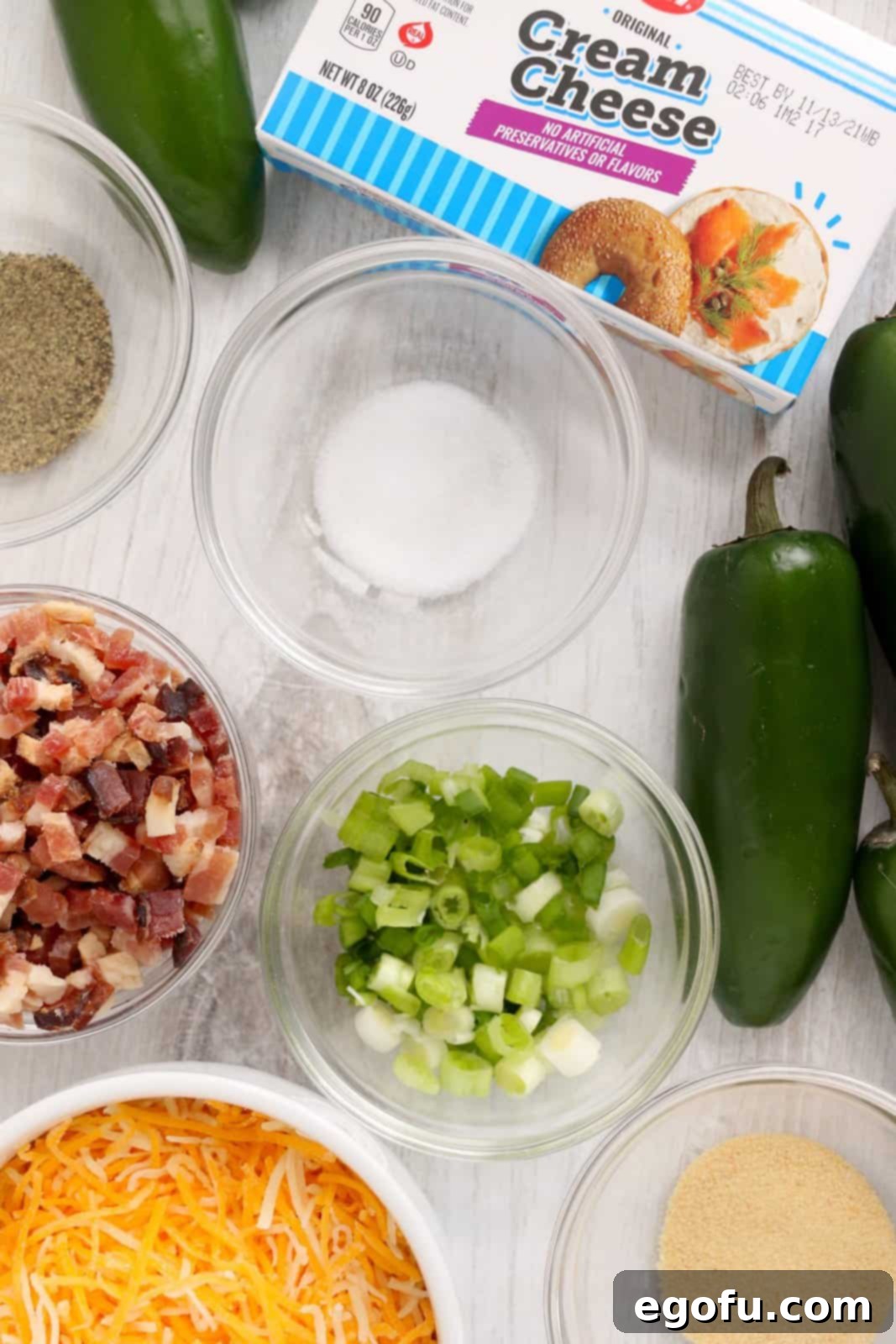 cream cheese, jalapeños, green onions, Colby jack cheese and bacon.