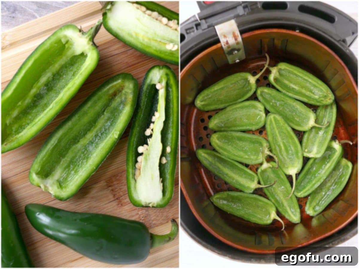 collage of two photos: sliced jalapeños on a cutting board; sliced jalapeños in the basket of the air fryer. 