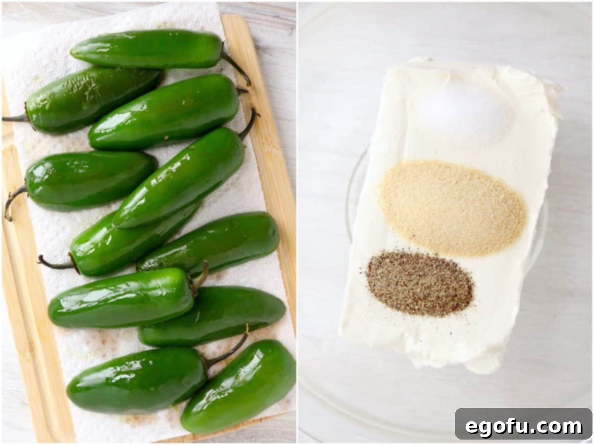 collage of two photos: air fried jalapeños face down on a paper towel; cream cheese and spices in a bowl.