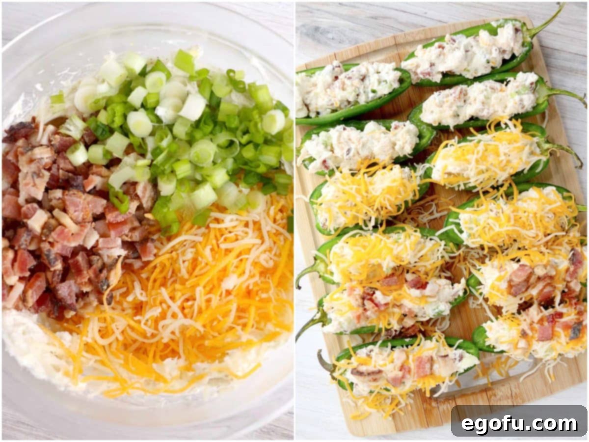 collage of two photos: bacon, cheese and green onions added to cream cheese bowl; jalapeños stuffed with cream cheese mixture.