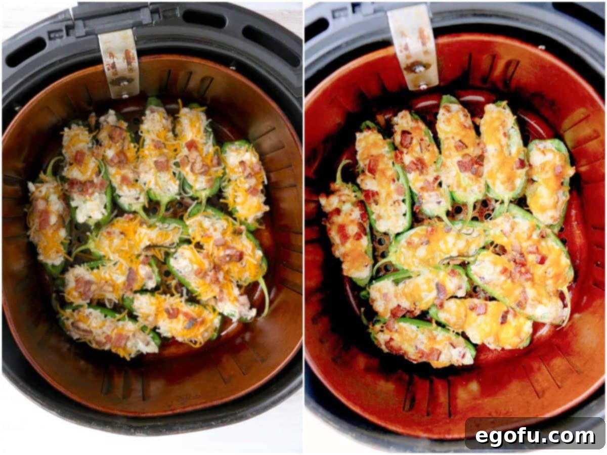 collage of two photos: jalapeño poppers in air fryer basket before cooking; jalapeno poppers in air fryer basket after cooked.
