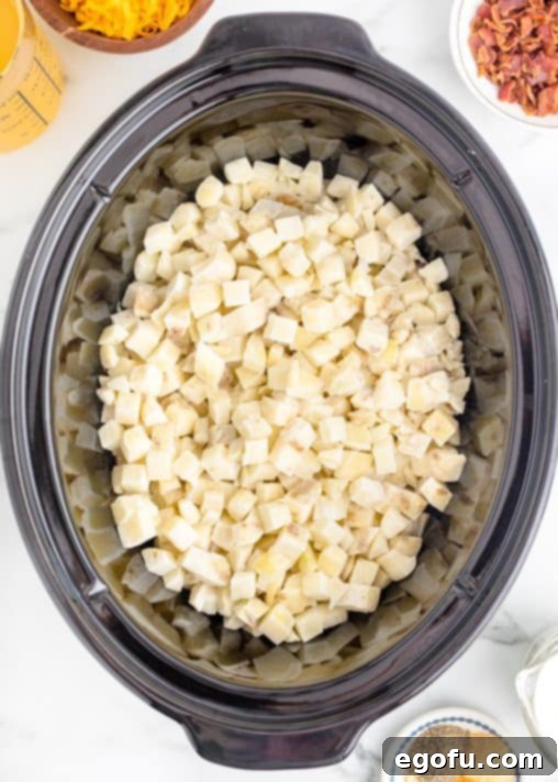 Effortless Slow Cooker Potato Soup with Frozen Potatoes 13 frozen hash brown cubes shown in the bottom of an oval slow cooker.