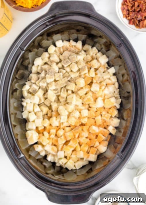 Effortless Slow Cooker Potato Soup with Frozen Potatoes 14 seasoning sprinkled onto hash browns in the crock pot.